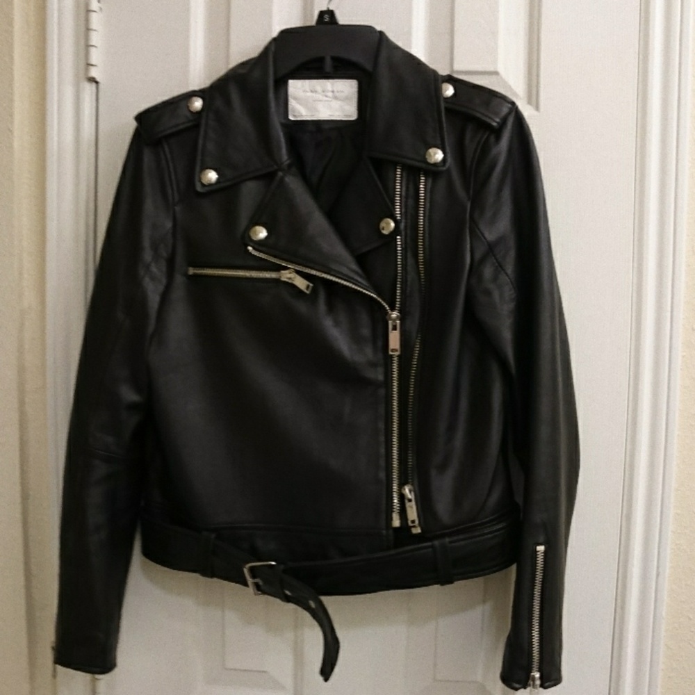 Zara Black Genuine Leather Moto Jacket L